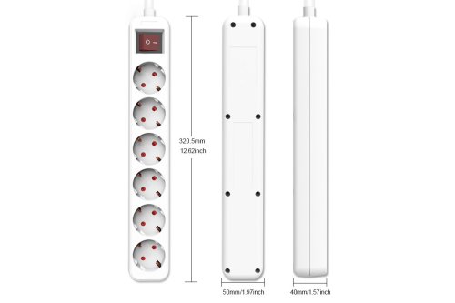 Socket strip, 6-way, with switch, GS, CE, white, cable length 1.30m
